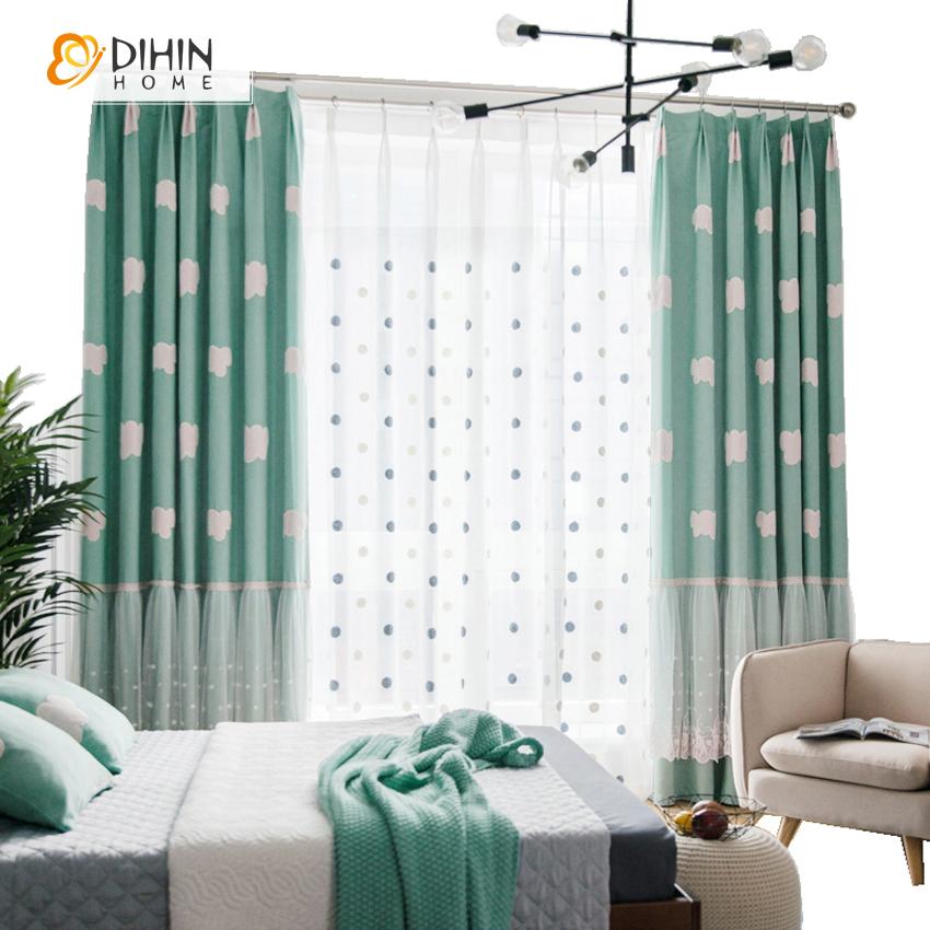 DIHIN HOME Cartoon White Clouds Pattern Embroidered Curtains,Blackout Grommet Window Curtain for Living Room ,52x63-inch,1 Panel