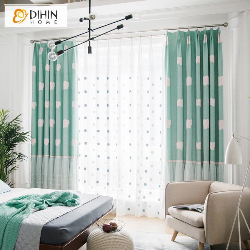 DIHIN HOME Cartoon White Clouds Pattern Embroidered Curtains,Blackout Grommet Window Curtain for Living Room ,52x63-inch,1 Panel