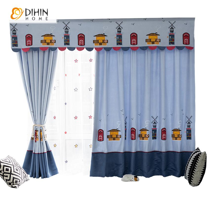 DIHIN HOME Cartoon Windmill Embroidered Curtain With Valance,Blackout Curtains Grommet Window Curtain for Living Room ,52x84-inch,1 Panel