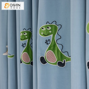 DIHINHOME Home Textile Kid's Curtain DIHIN HOME Children Room Little Dinosaur Embroidered Curtains,Grommet Window Curtain for Living Room ,52x63-inch,1 Panel