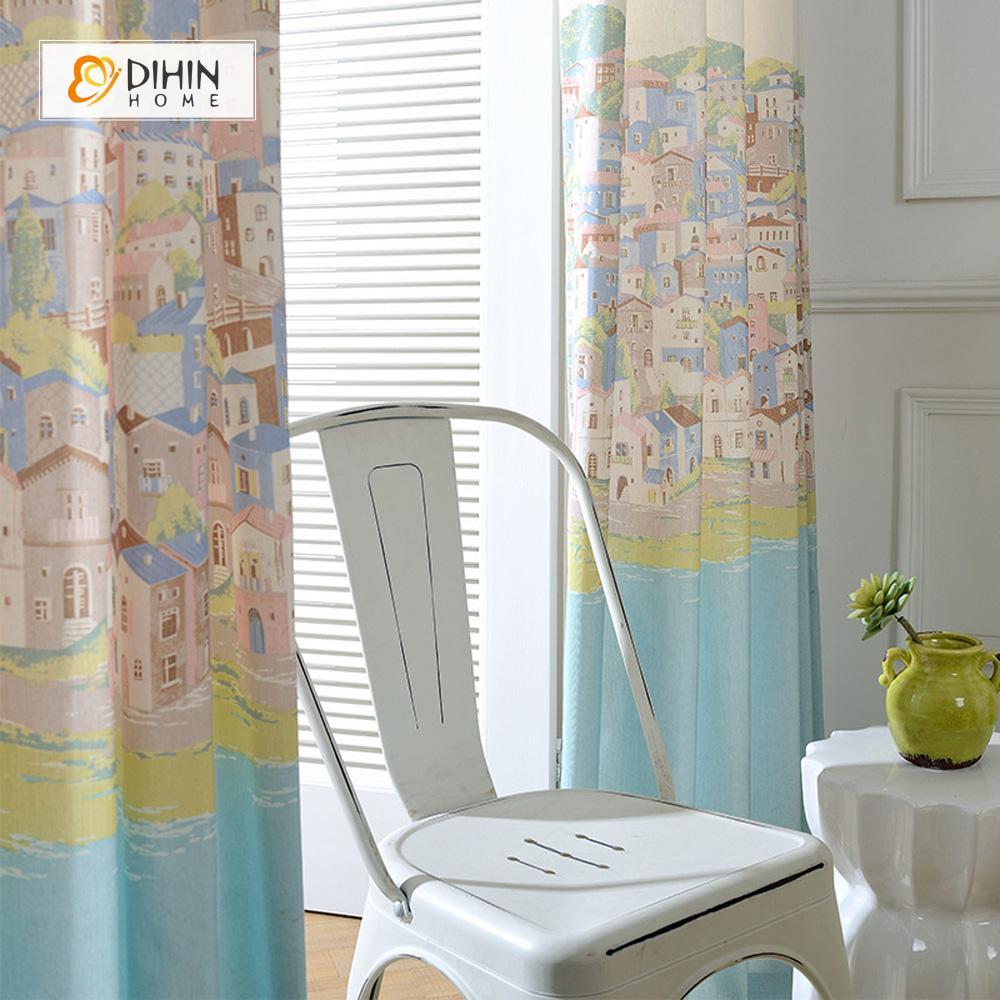 DIHINHOME Home Textile Kid's Curtain DIHIN HOME European and American Towns Printed Curtain ,Cotton Linen ,Blackout Grommet Window Curtain for Living Room ,52x63-inch,1 Panel