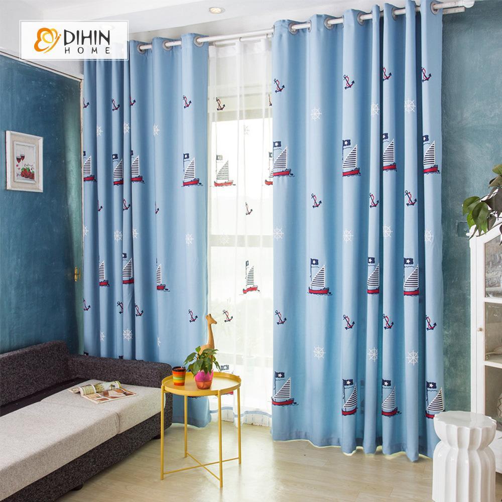 DIHINHOME Home Textile Kid's Curtain DIHIN HOME Exquisite Sailboat Printed，Blackout Grommet Window Curtain for Living Room ,52x63-inch,1 Panel