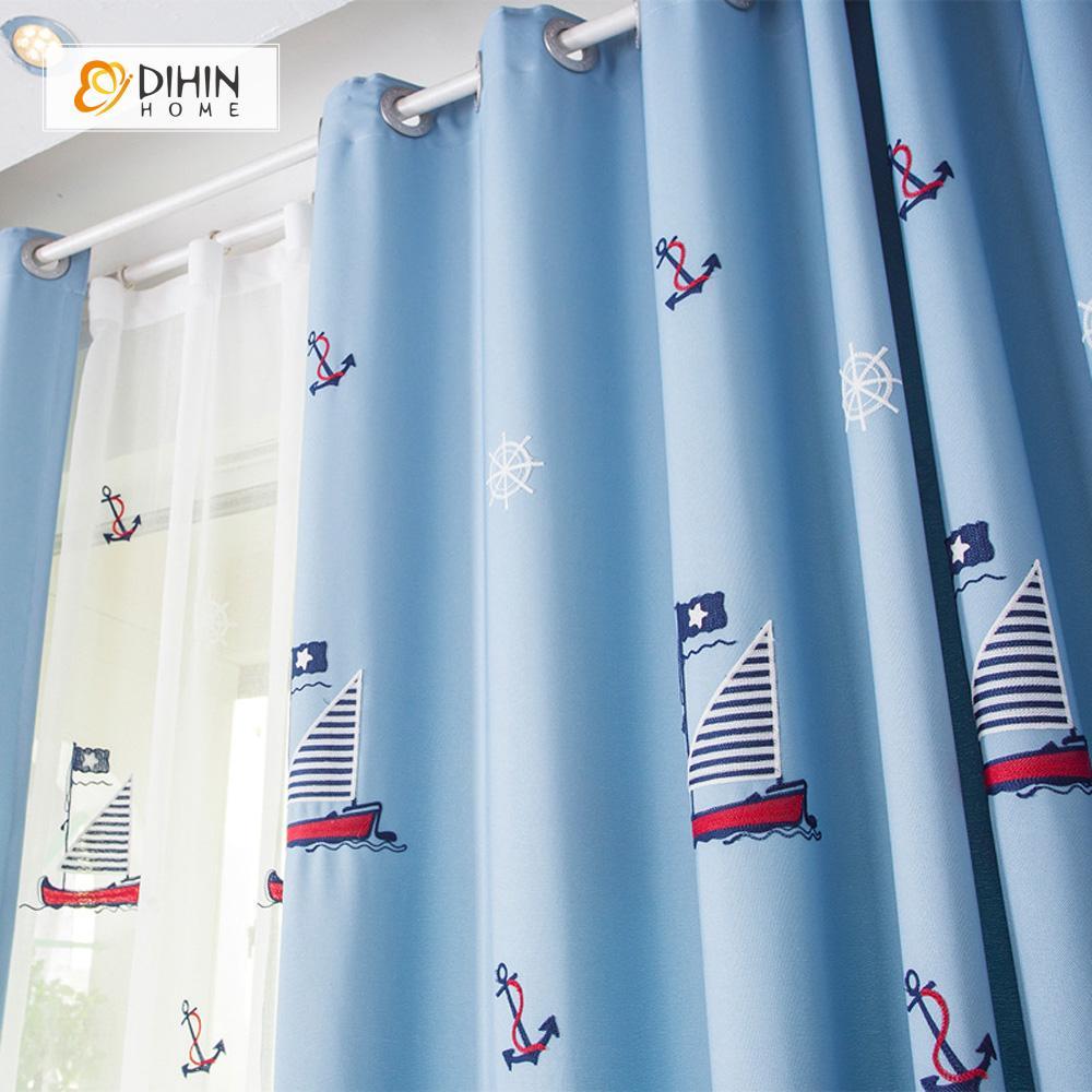 DIHINHOME Home Textile Kid's Curtain DIHIN HOME Exquisite Sailboat Printed，Blackout Grommet Window Curtain for Living Room ,52x63-inch,1 Panel