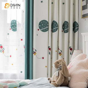 DIHIN HOME Modern Cartoon Universe Rocket Planet Embroideried,Blackout Grommet Window Curtain for Living Room,1 Panel