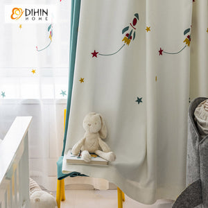 DIHINHOME Home Textile Kid's Curtain DIHIN HOME Modern Cartoon Universe Rocket Planet Embroideried,Blackout Grommet Window Curtain for Living Room,1 Panel