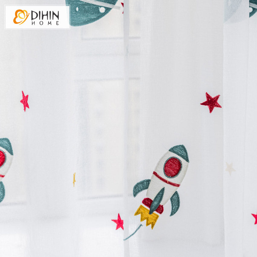 DIHINHOME Home Textile Kid's Curtain DIHIN HOME Modern Cartoon Universe Rocket Planet Embroideried,Blackout Grommet Window Curtain for Living Room,1 Panel