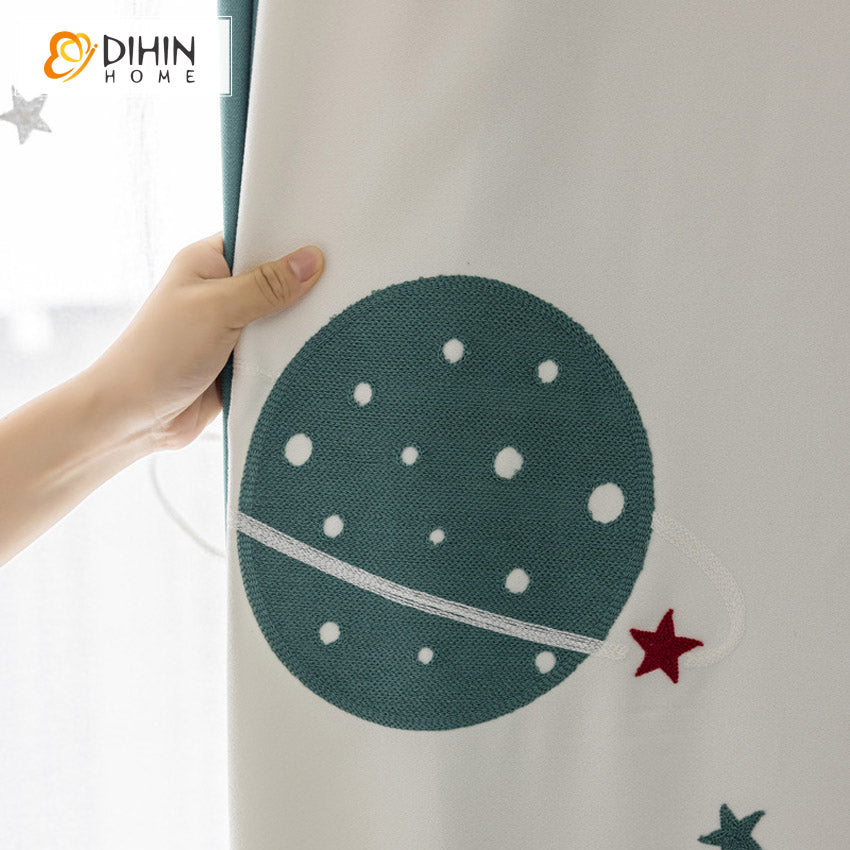 DIHINHOME Home Textile Kid's Curtain DIHIN HOME Modern Cartoon Universe Rocket Planet Embroideried,Blackout Grommet Window Curtain for Living Room,1 Panel