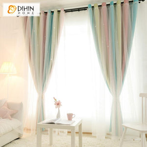 DIHIN HOME Modern Customized Curtains Gradient Stripe Double Layer Curtain With White Lace,Blackout Curtains Grommet Window Curtain for Living Room ,52x84-inch,1 Panel