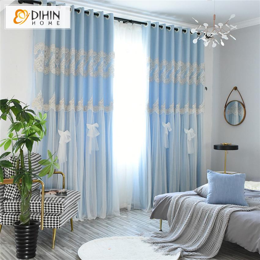 DIHIN HOME Modern Double Layer White Bow Clasp Blue Curtain With White Lace,Blackout Curtains Grommet Window Curtain for Living Room ,52x84-inch,1 Panel