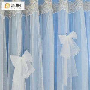 DIHIN HOME Modern Double Layer White Bow Clasp Blue Curtain With White Lace,Blackout Curtains Grommet Window Curtain for Living Room ,52x84-inch,1 Panel