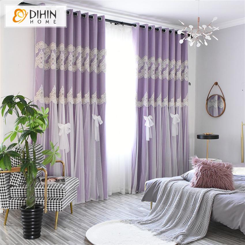 DIHIN HOME Modern Double Layer White Bow Clasp Purple Curtain With White Lace,Blackout Curtains Grommet Window Curtain for Living Room ,52x84-inch,1 Panel