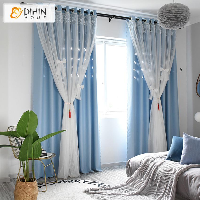 DIHIN HOME Modern White Bow Tie High Quality Blue Curtain With White Lace,Blackout Curtains Grommet Window Curtain for Living Room ,52x84-inch,1 Panel