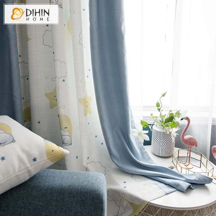 DIHINHOME Home Textile Kid's Curtain DIHIN HOME Moon and Stars Printed,Blackout Grommet Window Curtain for Living Room ,52x63-inch,1 Panel