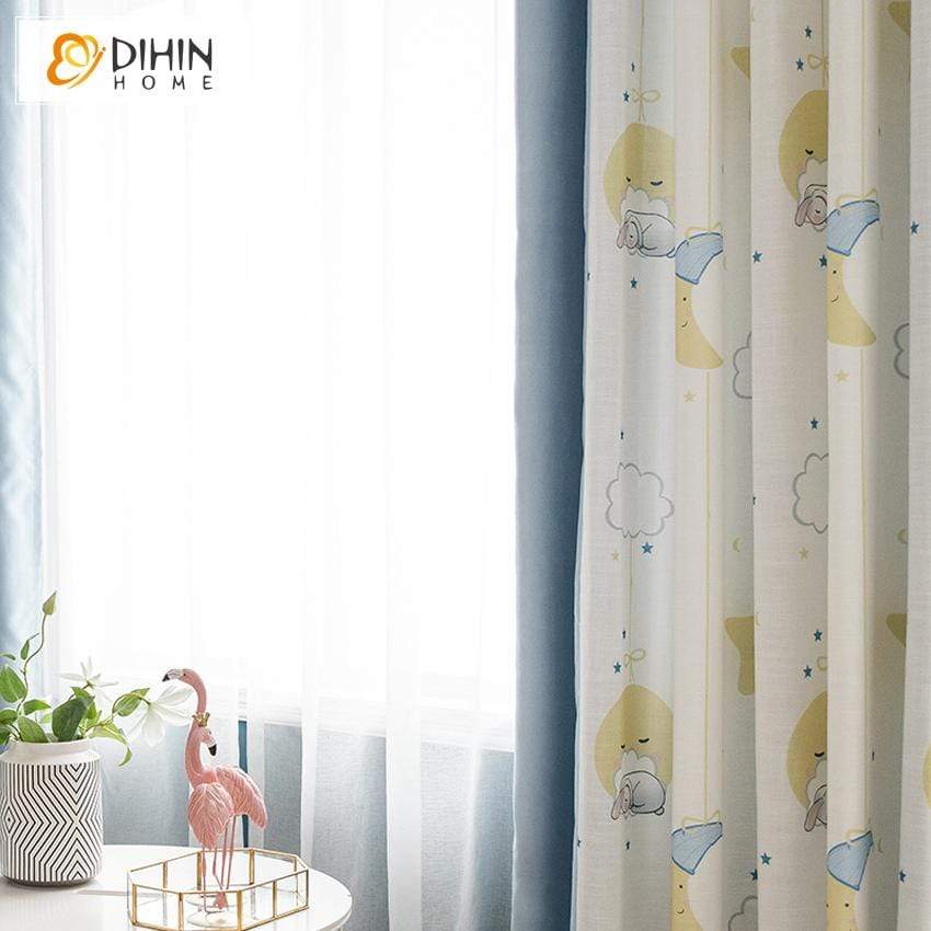 DIHINHOME Home Textile Kid's Curtain DIHIN HOME Moon and Stars Printed,Blackout Grommet Window Curtain for Living Room ,52x63-inch,1 Panel