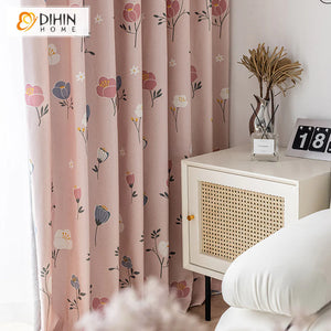 DIHINHOME Home Textile Kid's Curtain DIHIN HOME Pastoral Pink Flowers Printed,Blackout Grommet Window Curtain for Living Room,1 Panel