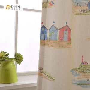 DIHINHOME Home Textile Kid's Curtain DIHIN HOME Small Village Printed Curtain ,Cotton Linen ,Blackout Grommet Window Curtain for Living Room ,52x63-inch,1 Panel