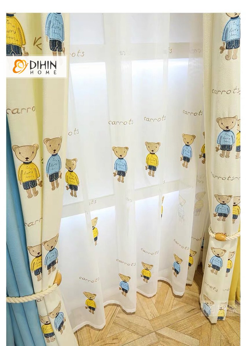 DIHIN HOME Three-dimensional Embroidered Bear Cartoon Curtain,Blackout Curtains Grommet Window Curtain for Living Room ,52x84-inch,1 Panel