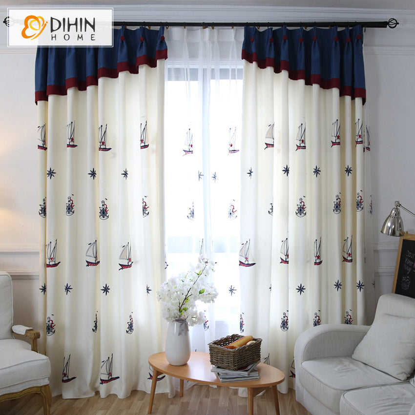 DIHINHOME Home Textile Kid's Curtain DIHIN HOME White Color Cartoon Boat Embroidered,Blackout Grommet Window Curtain for Living Room ,52x63-inch,1 Panel