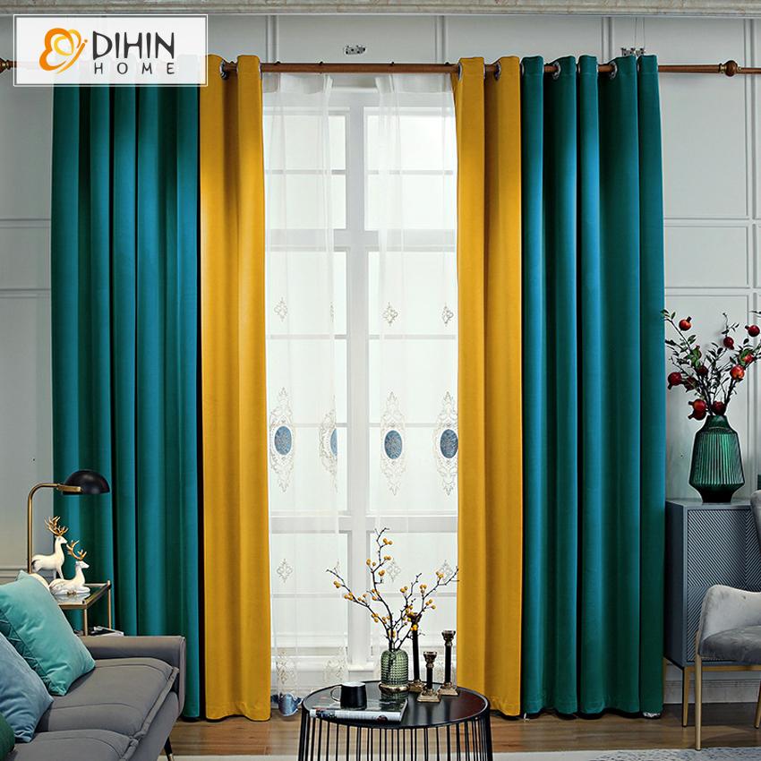 DIHIN HOME Modern Luxury Blue and Yellow Velvet Fabric,Blackout Grommet Window Curtain for Living Room ,52x63-inch,1 Panel