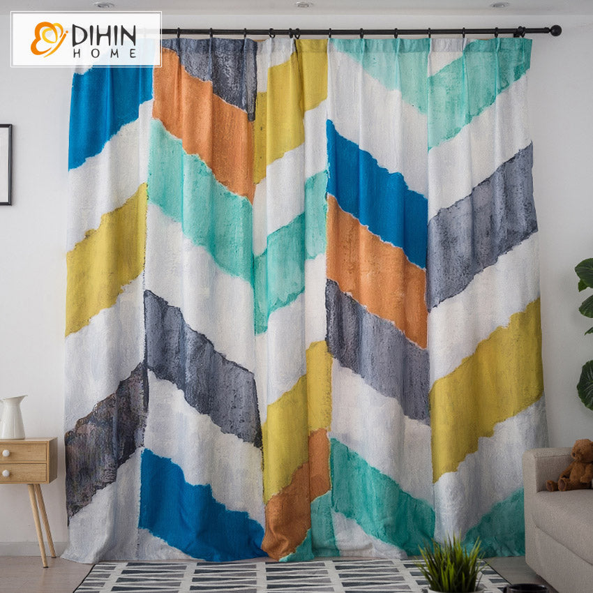 DIHIN HOME 3D Printed Abstract Colored Striped Lines Blackout Curtains,Window Curtains Grommet Curtain For Living Room ,39x102-inch,2 Panels Included