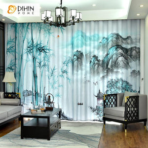 DIHINHOME Home Textile Modern Curtain DIHIN HOME 3D Printed Bamboo and Mountain Blackout Curtains,Window Curtains Grommet Curtain For Living Room ,39x102-inch,2 Panels Include