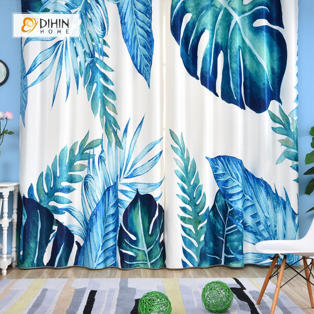 DIHINHOME Home Textile Modern Curtain DIHIN HOME 3D Printed Big Blue Leaves Blackout Curtains ,Window Curtains Grommet Curtain For Living Room ,39x102-inch,2 Panels Included