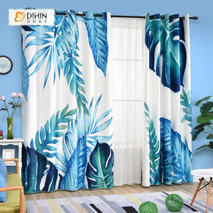 DIHINHOME Home Textile Modern Curtain DIHIN HOME 3D Printed Big Blue Leaves Blackout Curtains ,Window Curtains Grommet Curtain For Living Room ,39x102-inch,2 Panels Included