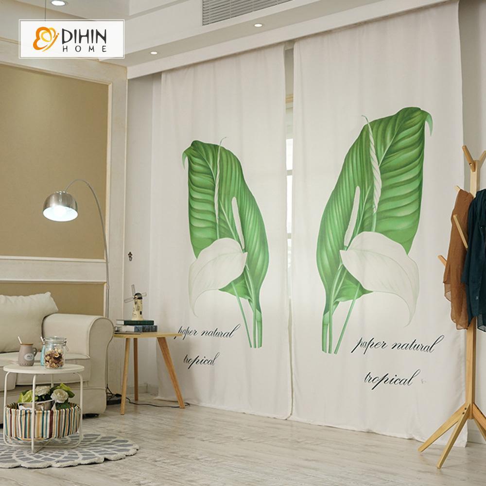 DIHINHOME Home Textile Modern Curtain DIHIN HOME 3D Printed Big Green and White Leaves Blackout Curtains ,Window Curtains Grommet Curtain For Living Room ,39x102-inch,2 Panels Included