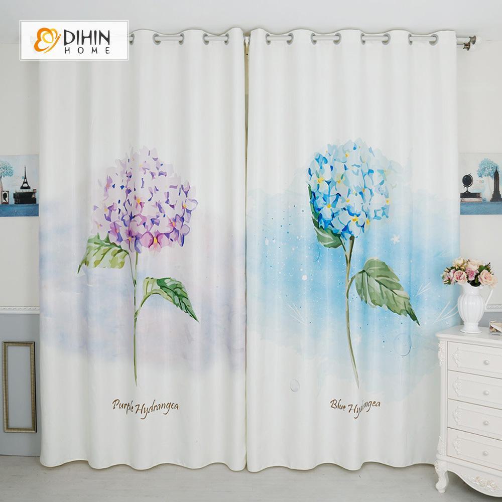 DIHINHOME Home Textile Modern Curtain DIHIN HOME 3D Printed Blue and Purple Flowers Blackout Curtains ,Window Curtains Grommet Curtain For Living Room ,39x102-inch,2 Panels Included