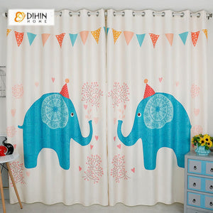 DIHINHOME Home Textile Modern Curtain DIHIN HOME 3D Printed Blue Elephant Blackout Curtains ,Window Curtains Grommet Curtain For Living Room ,39x102-inch,2 Panels Included