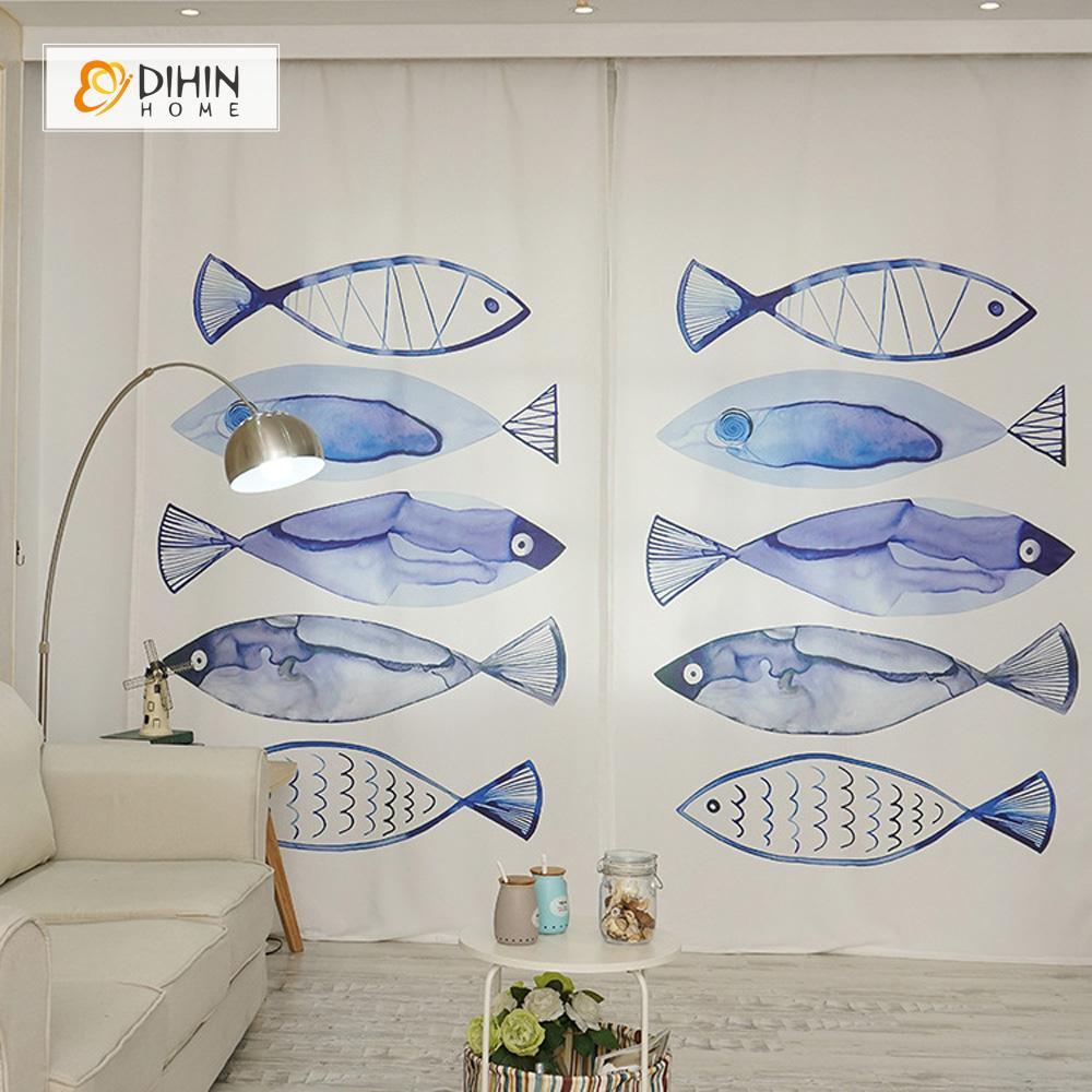 DIHINHOME Home Textile Modern Curtain DIHIN HOME 3D Printed Blue Fish Blackout Curtains ,Window Curtains Grommet Curtain For Living Room ,39x102-inch,2 Panels Included