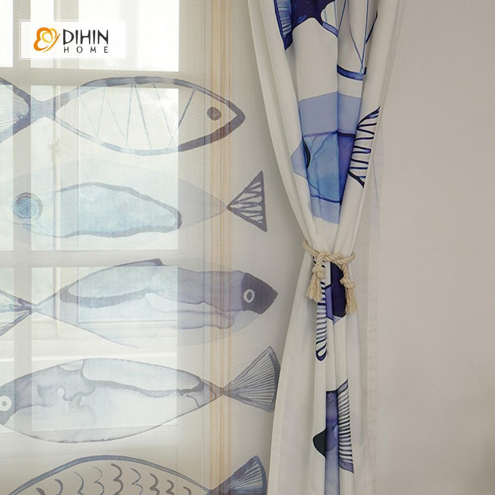 DIHINHOME Home Textile Modern Curtain DIHIN HOME 3D Printed Blue Fish Blackout Curtains ,Window Curtains Grommet Curtain For Living Room ,39x102-inch,2 Panels Included