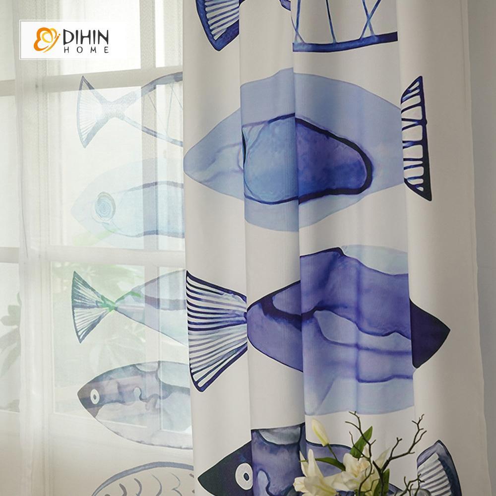 DIHINHOME Home Textile Modern Curtain DIHIN HOME 3D Printed Blue Fish Blackout Curtains ,Window Curtains Grommet Curtain For Living Room ,39x102-inch,2 Panels Included