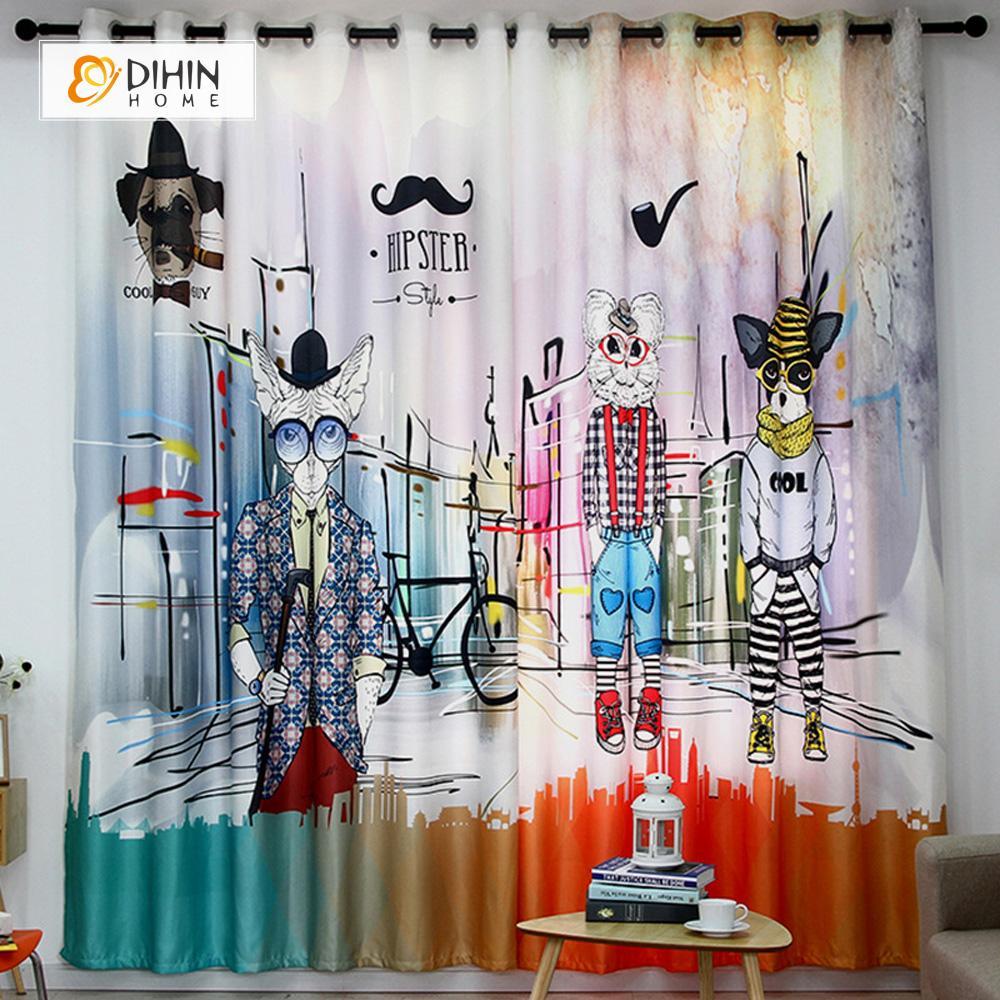 DIHINHOME Home Textile Modern Curtain DIHIN HOME 3D Printed Cartoon Dog and Cat Blackout Curtains ,Window Curtains Grommet Curtain For Living Room ,39x102-inch,2 Panels Included