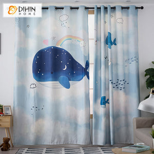 DIHIN HOME 3D Printed Cartoon Little Whale Blackout Curtains,Window Curtains Grommet Curtain For Living Room ,39x102-inch,2 Panels Included