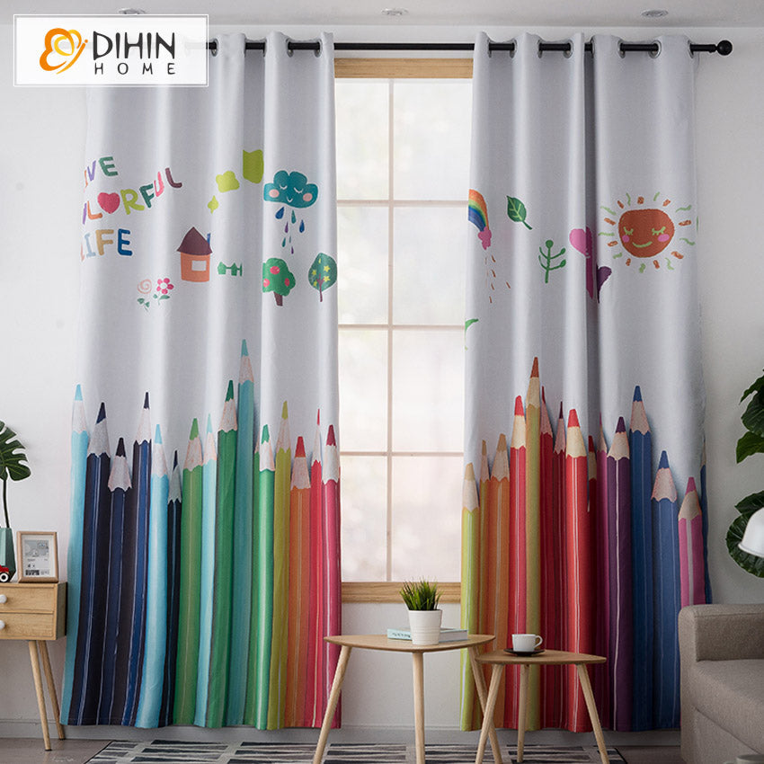 DIHIN HOME 3D Printed Cartoon Pencil Blackout Curtains,Window Curtains Grommet Curtain For Living Room ,39x102-inch,2 Panels Included