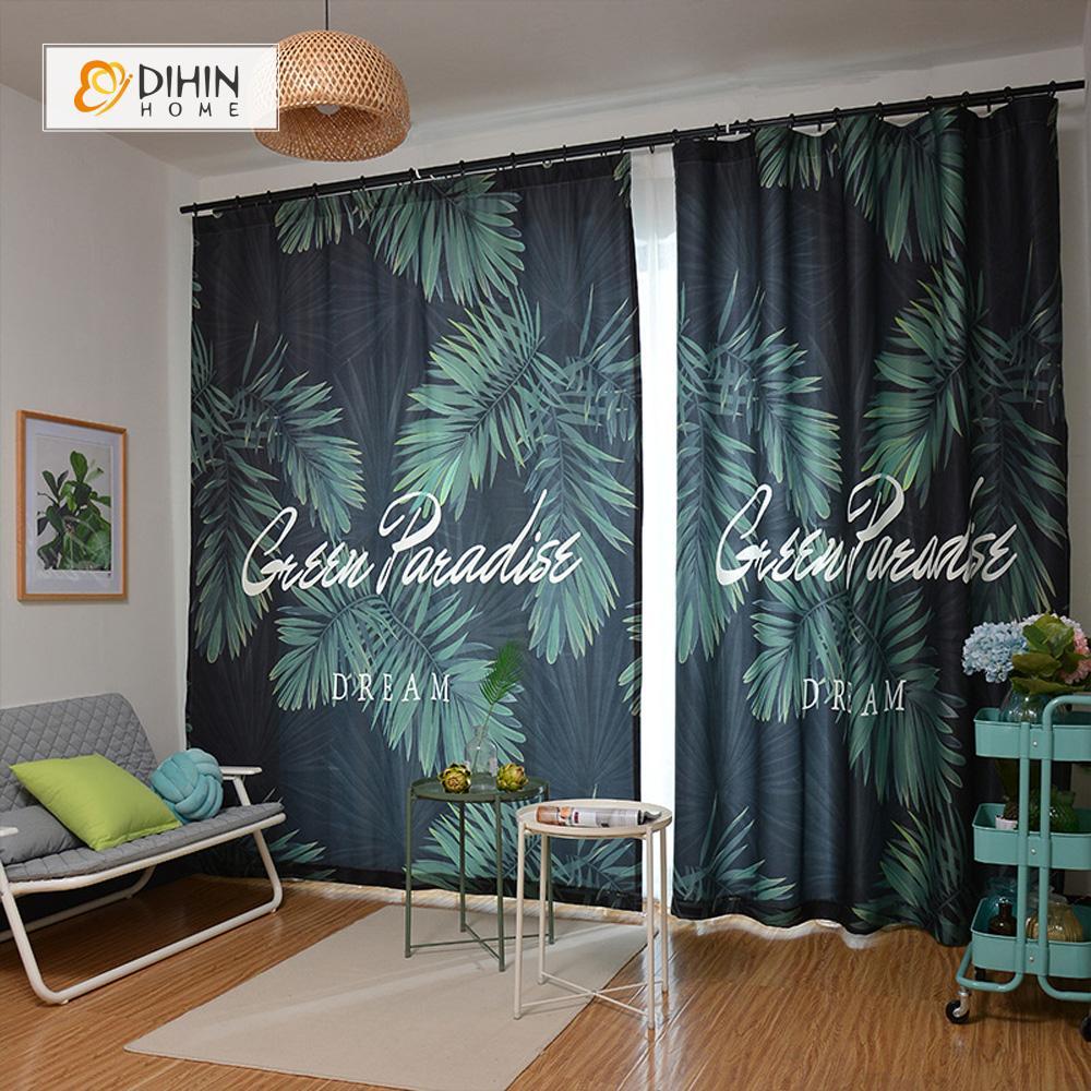 DIHINHOME Home Textile Modern Curtain DIHIN HOME 3D Printed Dark Green Leaves Blackout Curtains ,Window Curtains Grommet Curtain For Living Room ,39x102-inch,2 Panels Included