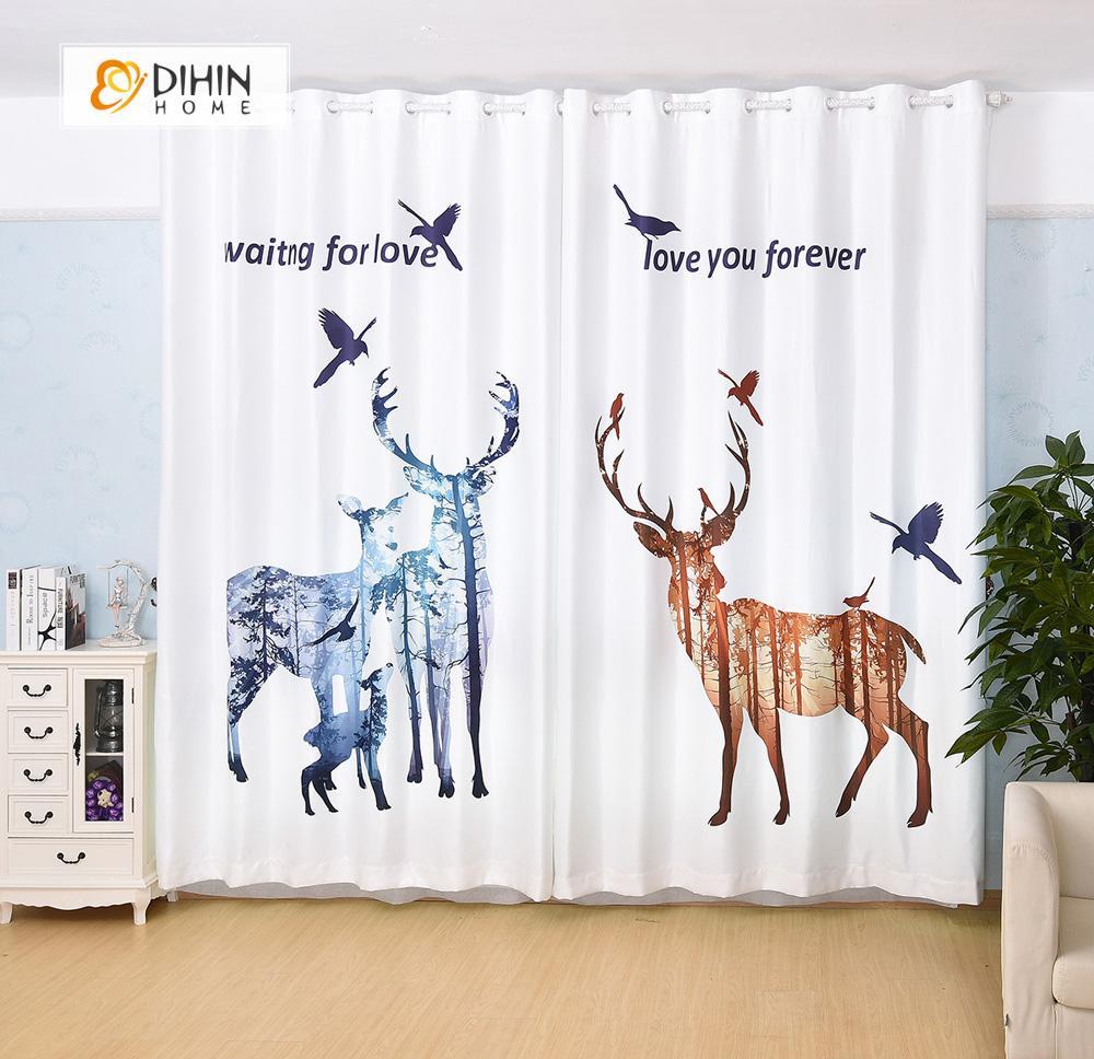 DIHINHOME Home Textile Modern Curtain DIHIN HOME 3D Printed Deer and Birds Blackout Curtains ,Window Curtains Grommet Curtain For Living Room ,39x102-inch,2 Panels Included