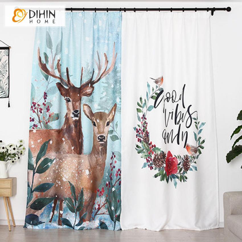 DIHINHOME Home Textile Modern Curtain DIHIN HOME 3D Printed Deer and Flowers Blackout Curtains,Window Curtains Grommet Curtain For Living Room ,39x102-inch,2 Panels Include