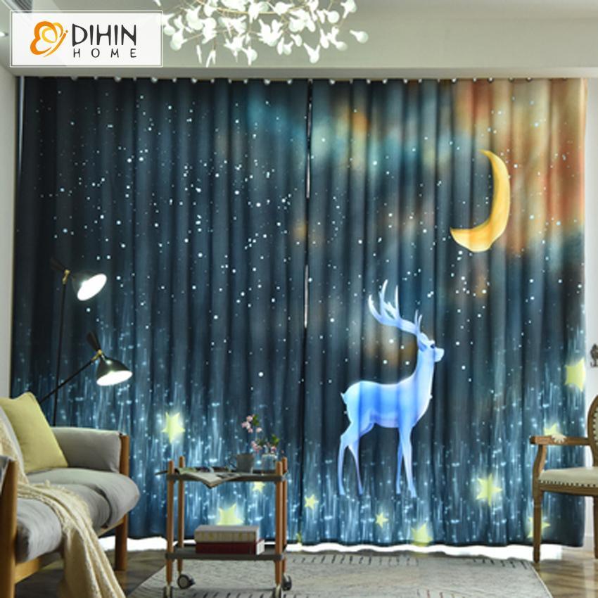 DIHINHOME Home Textile Modern Curtain DIHIN HOME 3D Printed Deer and Moon Blackout Curtains,Window Curtains Grommet Curtain For Living Room ,39x102-inch,2 Panels Include