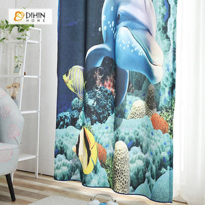 DIHINHOME Home Textile Modern Curtain DIHIN HOME 3D Printed Dolphin Blackout Curtains ,Window Curtains Grommet Curtain For Living Room ,39x102-inch,2 Panels Included