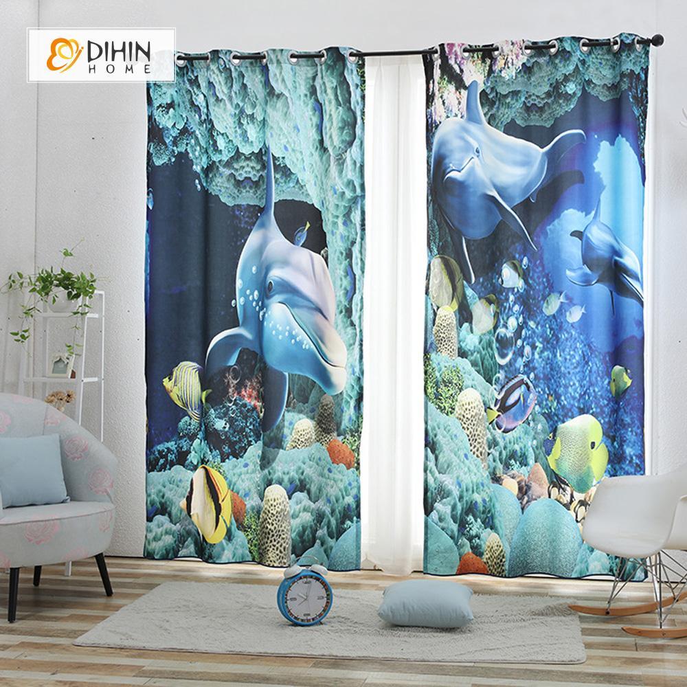 DIHINHOME Home Textile Modern Curtain DIHIN HOME 3D Printed Dolphin Blackout Curtains ,Window Curtains Grommet Curtain For Living Room ,39x102-inch,2 Panels Included