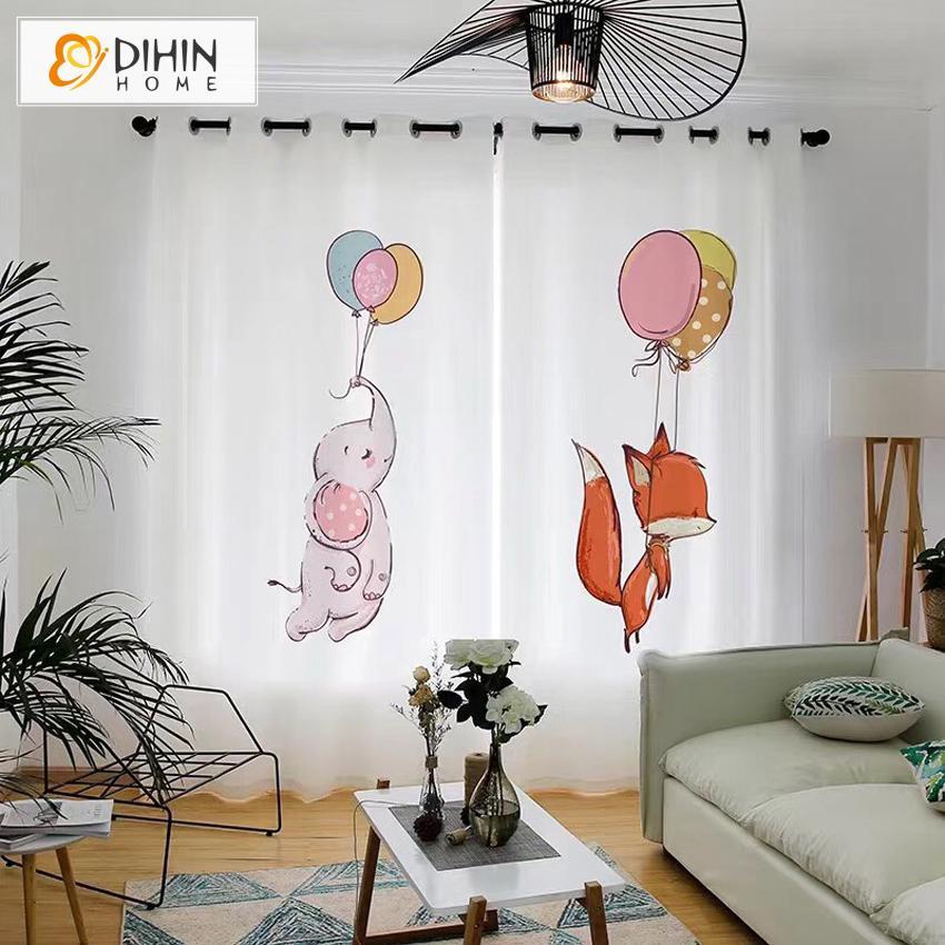 DIHINHOME Home Textile Modern Curtain DIHIN HOME 3D Printed Elephant and Fox Blackout Curtains,Window Curtains Grommet Curtain For Living Room ,39x102-inch,2 Panels Included