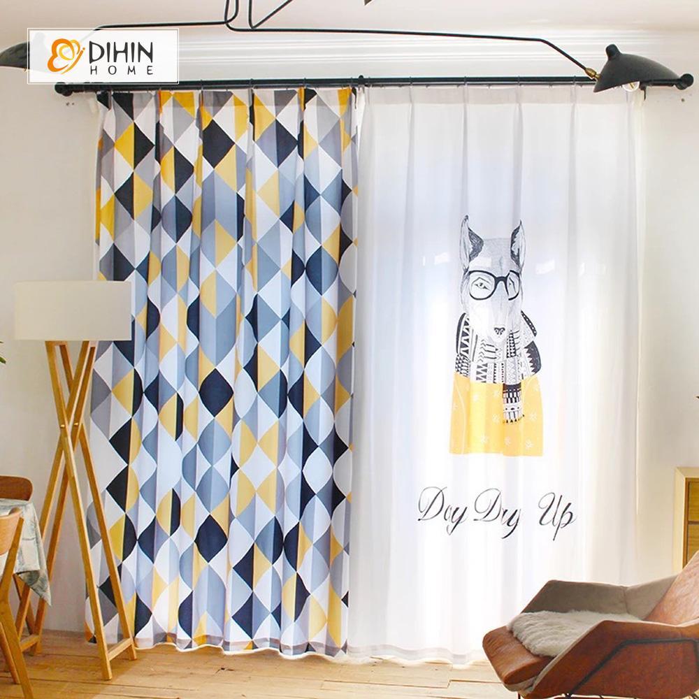 DIHINHOME Home Textile Modern Curtain DIHIN HOME 3D Printed Geometry and Dog Blackout Curtains ,Window Curtains Grommet Curtain For Living Room ,39x102-inch,2 Panels Included