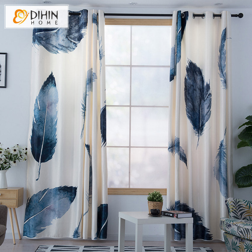 DIHINHOME Home Textile Modern Curtain DIHIN HOME 3D Printed Grey Feathers Blackout Curtains,Window Curtains Grommet Curtain For Living Room ,39x102-inch,2 Panels Included