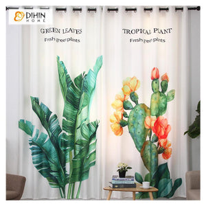 DIHINHOME Home Textile Modern Curtain DIHIN HOME 3D Printed Leaves and Cactus Blackout Curtains ,Window Curtains Grommet Curtain For Living Room ,39x102-inch,2 Panels Included