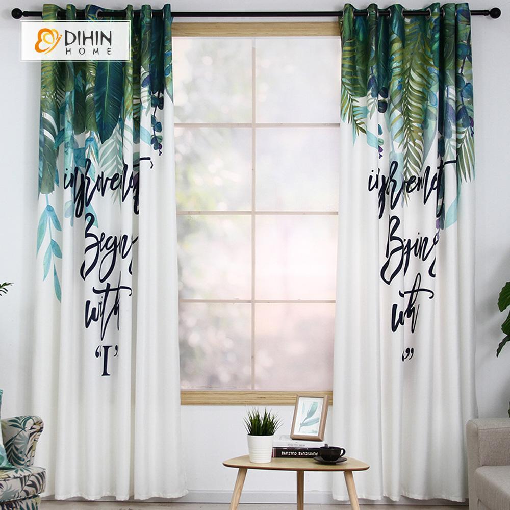 DIHINHOME Home Textile Modern Curtain DIHIN HOME 3D Printed Leaves and Words Blackout Curtains ,Window Curtains Grommet Curtain For Living Room ,39x102-inch,2 Panels Included