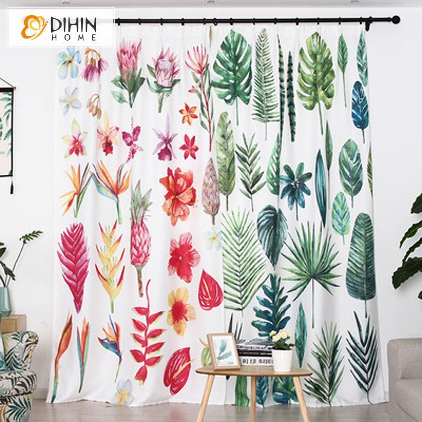 DIHINHOME Home Textile Modern Curtain DIHIN HOME 3D Printed Red and Green Leaves Blackout Curtains,Window Curtains Grommet Curtain For Living Room ,39x102-inch,2 Panels Included