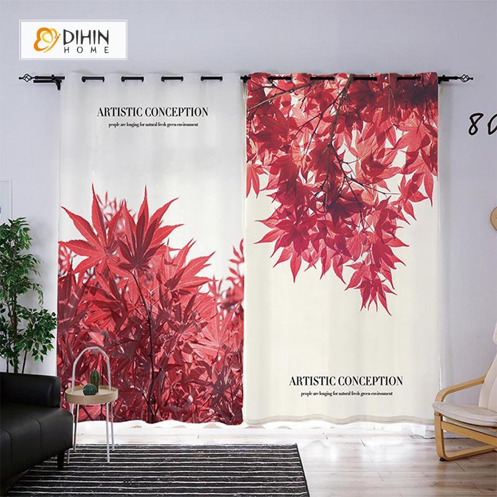 DIHINHOME Home Textile Modern Curtain DIHIN HOME 3D Printed Red Maple Leaf Blackout Curtains ,Window Curtains Grommet Curtain For Living Room ,39x102-inch,2 Panels Included