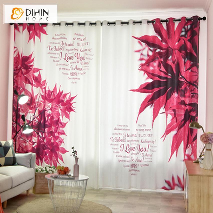 DIHINHOME Home Textile Modern Curtain DIHIN HOME 3D Printed Red Maple Leaves and Love Blackout Curtains,Window Curtains Grommet Curtain For Living Room ,39x102-inch,2 Panels Include